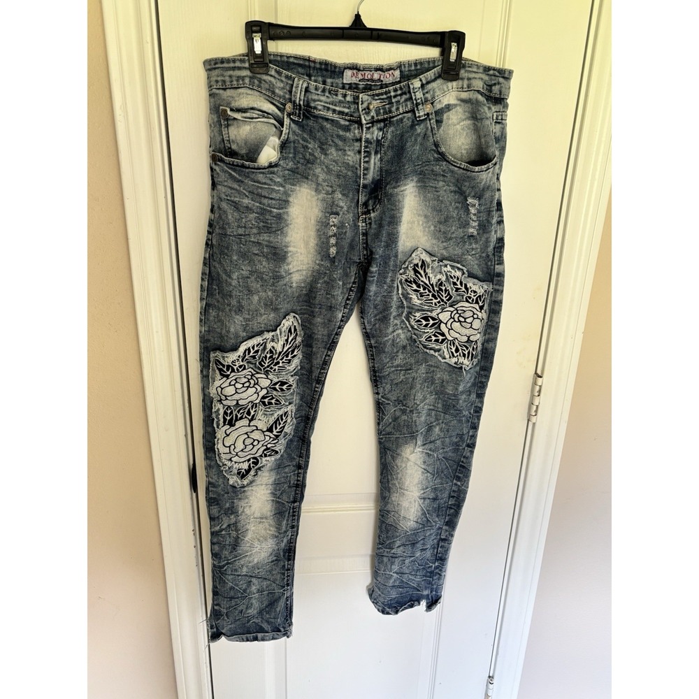 Demolition Distressed Rose Patch Grunge Jeans Y2K Split Hem Mens 34X30 Acid Wash